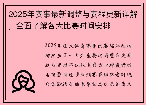 2025年赛事最新调整与赛程更新详解，全面了解各大比赛时间安排