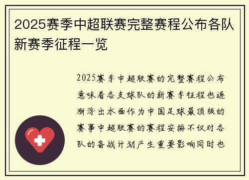 2025赛季中超联赛完整赛程公布各队新赛季征程一览