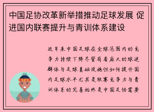 中国足协改革新举措推动足球发展 促进国内联赛提升与青训体系建设