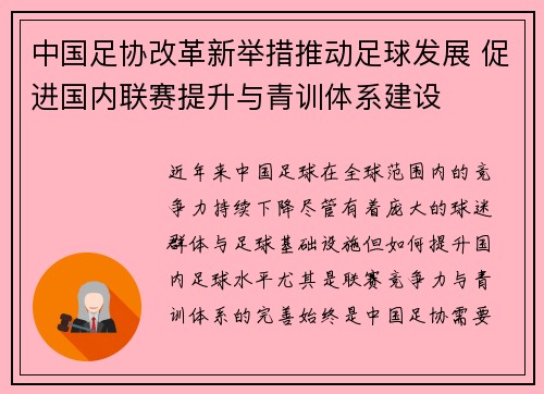 中国足协改革新举措推动足球发展 促进国内联赛提升与青训体系建设
