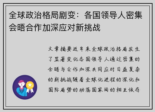 全球政治格局剧变：各国领导人密集会晤合作加深应对新挑战